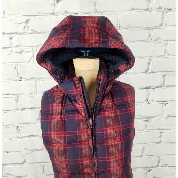 Patagonia Down With It Vest Women S Plaid Sherpa Lined Hooded Goose Down Warm - Picture 3 of 8